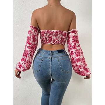 OYOANGLE Women's Floral Print Ruffle Elegant Off Shoulder Bishop Sleeve Frill Trim Casual Crop Blous...