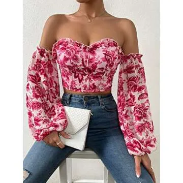 OYOANGLE Women's Floral Print Ruffle Elegant Off Shoulder Bishop Sleeve Frill Trim Casual Crop Blouse Shirt Top Hot Pink M