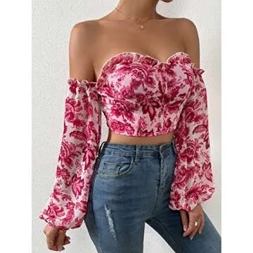 OYOANGLE Women's Floral Print Ruffle Elegant Off Shoulder Bishop Sleeve Frill Trim Casual Crop Blouse Shirt Top Hot Pink M