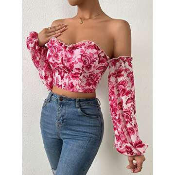 OYOANGLE Women's Floral Print Ruffle Elegant Off Shoulder Bishop Sleeve Frill Trim Casual Crop Blouse Shirt Top Hot Pink M