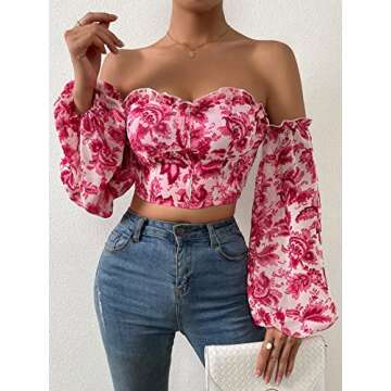 OYOANGLE Women's Floral Print Ruffle Elegant Off Shoulder Bishop Sleeve Frill Trim Casual Crop Blouse Shirt Top Hot Pink M