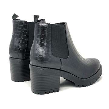 Soda Top Shoes Jaber Ankle Boot w/Lug Sole Elastic Gore and Chunky Heel, 10, Black Croco