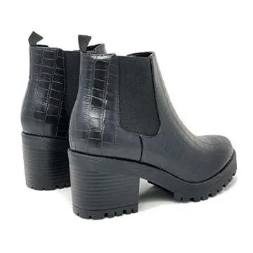 Soda Top Shoes Jaber Ankle Boot w/Lug Sole Elastic Gore and Chunky Heel, 10, Black Croco