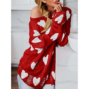 Chang Yun Women Off Shoulder Long Sleeves Casual Tops Hearts Printed Pullovers Sweater with Hole Red