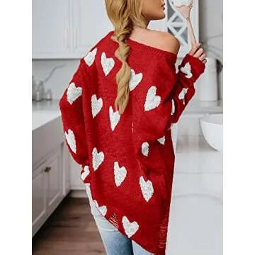 Chang Yun Women Off Shoulder Long Sleeves Casual Tops Hearts Printed Pullovers Sweater with Hole Red