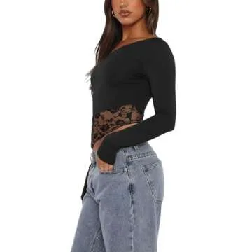 REORIA Womens Off The Shoulder Long Sleeve Tops Lace Double Lined Crop Tops Regular Fitted Shirts Going Out Y2k Trendy Tops Black Small