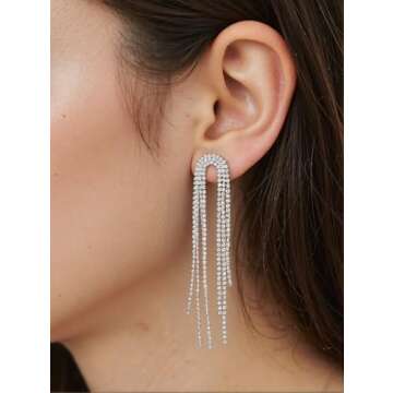 Sterling Silver Rhinestone Dangle Earrings for Women, Hypoallergenic Long Tassel Drop Bridal Jewelry, Sparkly Linear Wedding Earrings Elegant Gift for Her(Tassel earrings)