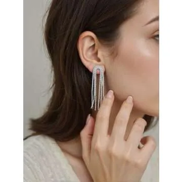 Sterling Silver Rhinestone Dangle Earrings for Women, Hypoallergenic Long Tassel Drop Bridal Jewelry, Sparkly Linear Wedding Earrings Elegant Gift for Her(Tassel earrings)
