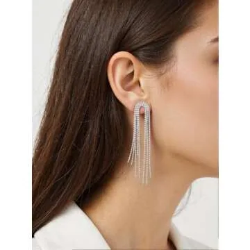 Sterling Silver Rhinestone Dangle Earrings for Women, Hypoallergenic Long Tassel Drop Bridal Jewelry, Sparkly Linear Wedding Earrings Elegant Gift for Her(Tassel earrings)