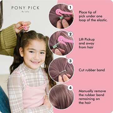 THE PONY PICK Rubber Bands Cutter for Hair Removal - Pain-Free Hair Band Remover - Easy 3 Pack with 50 Colored Elastics