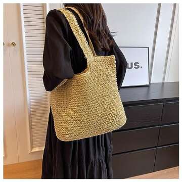COZYOFFI Straw Beach Tote Bag: Large Summer Boho Woven Bags - Rattan Handmade Shoulder Handbags for Women(Beige)