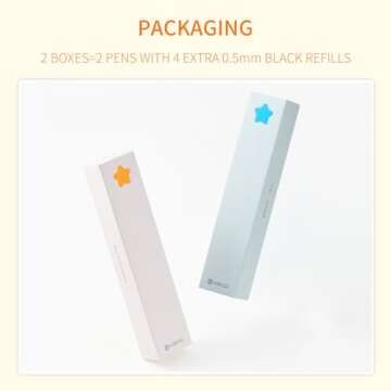 Kaco FIRST Gel Pens Cute Stationery Black Ink 2 Pieces with Extra 4 Refills, 0.5 mm Fine Point, Aesthetic Cute Star Pens for Journaling