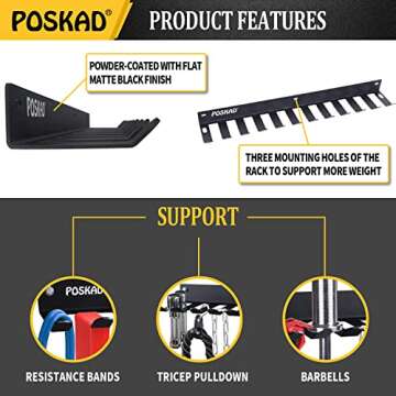 Poskad Gym Storage Rack,12 Hook Heavy-Duty Steel Gym Organizer Wall Mount Hanger for Home and Pro, Gym Accessory Storage Resistance Bands,Jump Ropes,Lifting Belt,Barbells. (24'' -12 hooks)