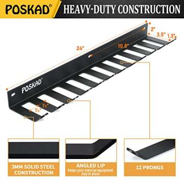 Poskad Gym Storage Rack,12 Hook Heavy-Duty Steel Gym Organizer Wall Mount Hanger for Home and Pro, Gym Accessory Storage Resistance Bands,Jump Ropes,Lifting Belt,Barbells. (24'' -12 hooks)