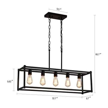 AMZASA Black Rectangle Kitchen Island Lights Rectangular Modern Industrial Chandelier for Dining Room 5 Lights Linear Vintage Cage Light Fixtures UL Listed