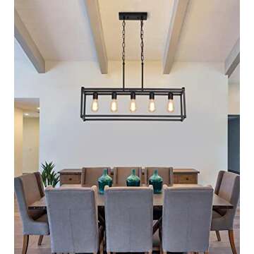 AMZASA Black Rectangle Kitchen Island Lights Rectangular Modern Industrial Chandelier for Dining Room 5 Lights Linear Vintage Cage Light Fixtures UL Listed