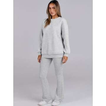 ANRABESS Women 2 Piece Sweatsuits Lounge Set Oversized Fleece Crewneck Sweatshirts Flare Pants 2024 Fall Outfits Clothes Grey Small