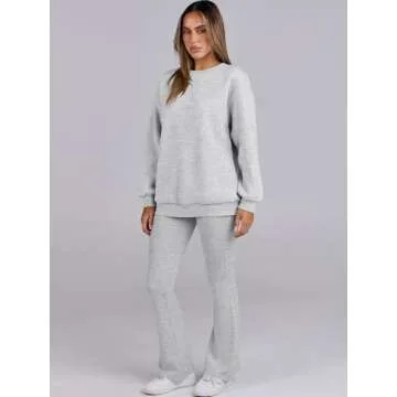 ANRABESS Women 2 Piece Sweatsuits Lounge Set Oversized Fleece Crewneck Sweatshirts Flare Pants 2024 Fall Outfits Clothes Grey Small