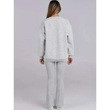 ANRABESS Women 2 Piece Sweatsuits Lounge Set Oversized Fleece Crewneck Sweatshirts Flare Pants 2024 Fall Outfits Clothes Grey Small