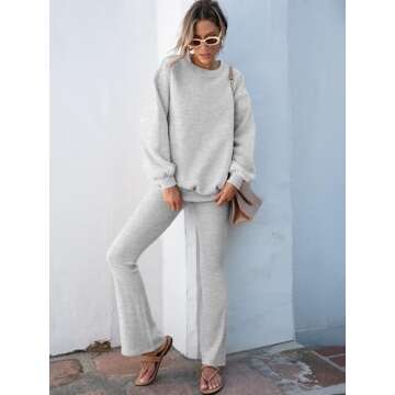 ANRABESS Women 2 Piece Sweatsuits Lounge Set Oversized Fleece Crewneck Sweatshirts Flare Pants 2024 Fall Outfits Clothes Grey Small