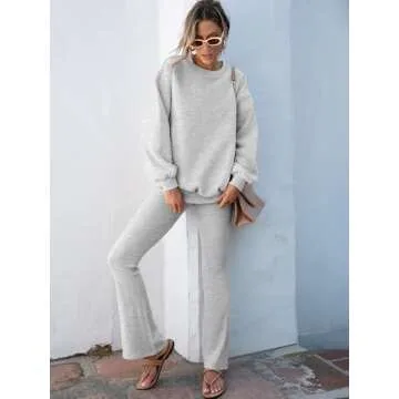 ANRABESS Women 2 Piece Sweatsuits Lounge Set Oversized Fleece Crewneck Sweatshirts Flare Pants 2024 Fall Outfits Clothes Grey Small
