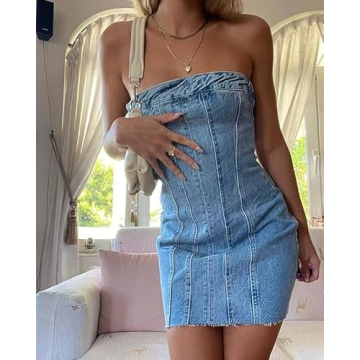 Fronage Summer Sexy Strapless Denim Dress for Women