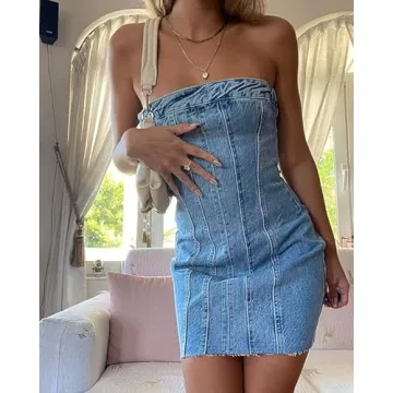 Fronage Summer Sexy Strapless Denim Dress for Women