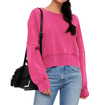 ReachMe Womens Open Back Sweatshirts Crop Backless Long Sleeve Shirts Off the Shoulder Crewneck Workout Tops(Hot Pink,S)