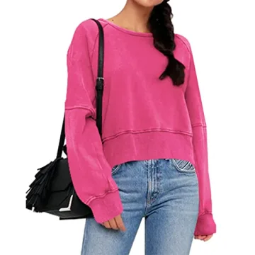 ReachMe Womens Open Back Sweatshirts Crop Backless Long Sleeve Shirts Off the Shoulder Crewneck Workout Tops(Hot Pink,S)