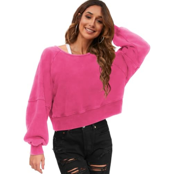 ReachMe Womens Open Back Sweatshirts Crop Backless Long Sleeve Shirts Off the Shoulder Crewneck Workout Tops(Hot Pink,S)