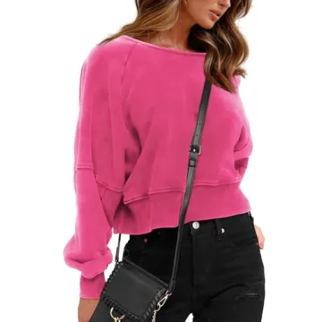 ReachMe Womens Open Back Sweatshirts Crop Backless Long Sleeve Shirts Off the Shoulder Crewneck Workout Tops(Hot Pink,S)