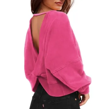 ReachMe Womens Open Back Sweatshirts Crop Backless Long Sleeve Shirts Off the Shoulder Crewneck Workout Tops(Hot Pink,S)