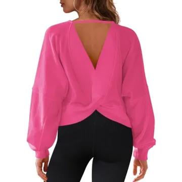 ReachMe Womens Open Back Sweatshirts Crop Backless Long Sleeve Shirts Off the Shoulder Crewneck Workout Tops(Hot Pink,S)