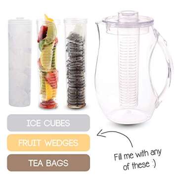 Homeries Fruit Infuser Water Pitcher with 3 Tubs (2.9 Quart / 93 Oz) – Shatterproof Acrylic Infusi...