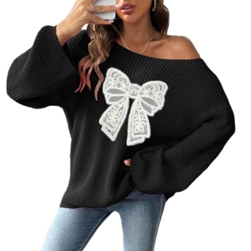 Women Bow Sweater Fall Casual Off Shoulder Loose Jumpers Going Out Lace Bowknot Knitted Pullover Top...