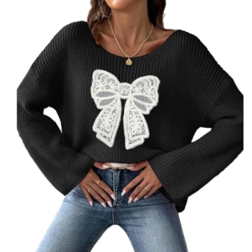 Women Bow Sweater Fall Casual Off Shoulder Loose Jumpers Going Out Lace Bowknot Knitted Pullover Tops Streetwear (Black, M)