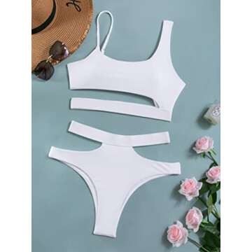 Lilosy Cutout Shoulders High Waisted Cut Leg Thong Brazilian Bikini Swimsuit Set Women Cheeky Bottom Bathing Suit 2 Piece Out White Large