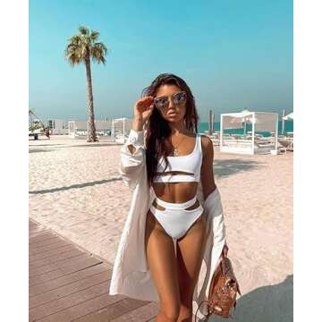 Lilosy Cutout Shoulders High Waisted Cut Leg Thong Brazilian Bikini Swimsuit Set Women Cheeky Bottom Bathing Suit 2 Piece Out White Large