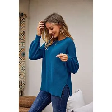 SERAIH Womens Crewneck Batwing Sleeve Pullover Side Split Slouchy Oversized Solid Sweaters Drop Shoulder Loose Tops