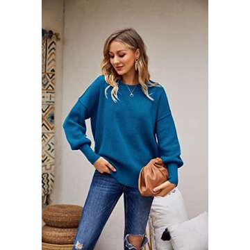 SERAIH Womens Crewneck Batwing Sleeve Pullover Side Split Slouchy Oversized Solid Sweaters Drop Shoulder Loose Tops