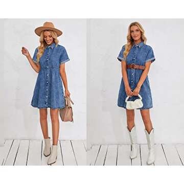 luvamia Women Casual Denim Babydoll Dress Short Sleeve Button Down Short Jean Dress Country Concert Outfits for Women Nashville Outfits for Women Summer Dress for Women Reef Blue Size Medium