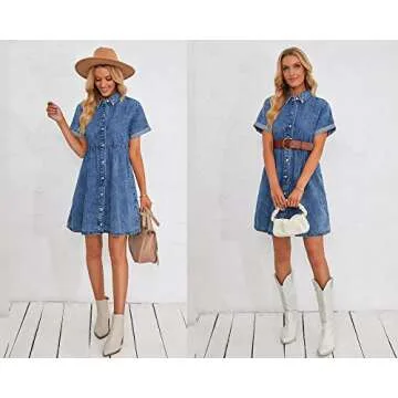 luvamia Women Casual Denim Babydoll Dress Short Sleeve Button Down Short Jean Dress Country Concert Outfits for Women Nashville Outfits for Women Summer Dress for Women Reef Blue Size Medium