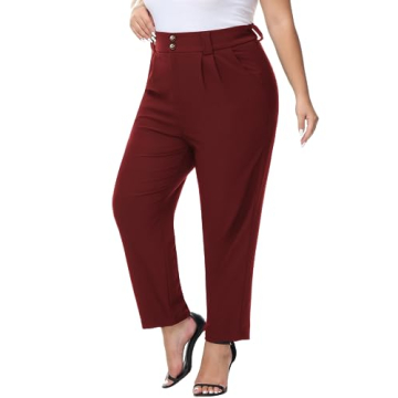 Women's Plus Size Stretch High Waist Dress Pants for Work Business Zip Fly Office Pants Wine Red 4X
