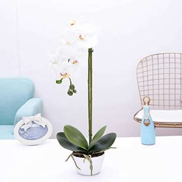 Orchid white artificial orchid Flowers fake orchid phalaenopsis orchid plant in pot for home decor Flower Arrangement with White ceramic Vase Party Dining Table Centerpiece Decoration Height 17"