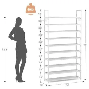 VTRIN 10 Tiers Shoe Rack Tall Large Capacity 50 Pairs Wide Shoe Organizer Sturdy Shoe Shelf for Entryway with Two Hooks Metal Shoe Storage for Closet, Bedroom, White, XJ-113