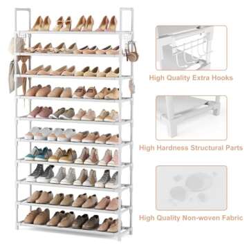 VTRIN 10 Tiers Shoe Rack Tall Large Capacity 50 Pairs Wide Shoe Organizer Sturdy Shoe Shelf for Entryway with Two Hooks Metal Shoe Storage for Closet, Bedroom, White, XJ-113