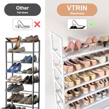 VTRIN 10 Tiers Shoe Rack Tall Large Capacity 50 Pairs Wide Shoe Organizer Sturdy Shoe Shelf for Entryway with Two Hooks Metal Shoe Storage for Closet, Bedroom, White, XJ-113