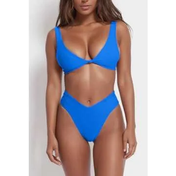 geluboao Womens Blue Swimsuits Two Piece Sexy Double Shoulder Knot Front Push Up Cheeky Brazilian Cu...