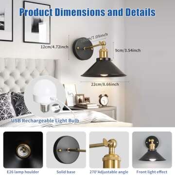 Bailoch Black & Gold Vintage Rechargeable Wall Sconces Set of 2 with Remote Control