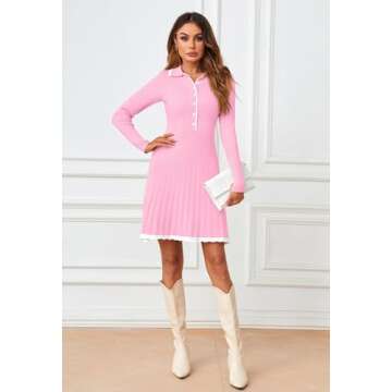 MEROKEETY Women's Long Sleeve V Neck Sweater Dress 2024 Fall Button Ribbed Knit Pleated Mini Dresses, Pink, Medium